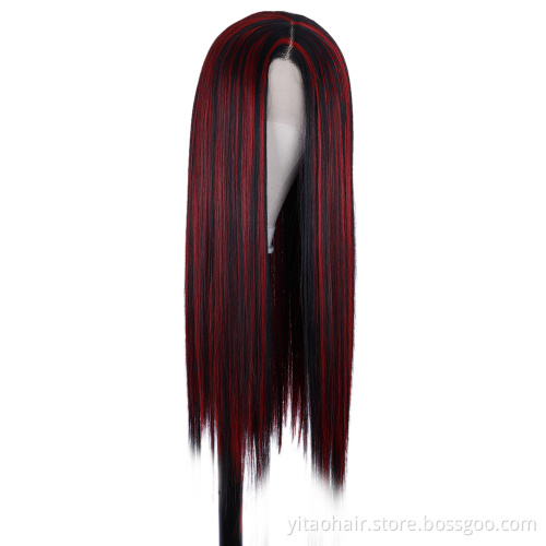 Lace Front Wigs Straight Synthetic Party Wig Middle Part Red color with highlight for Women  synthetic hair wigs with highlights